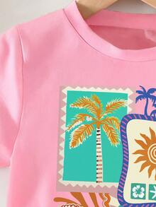 Baby Girl Cartoon Print Short Sleeve Top And Solid Color Denim Shorts - Pink - View 4