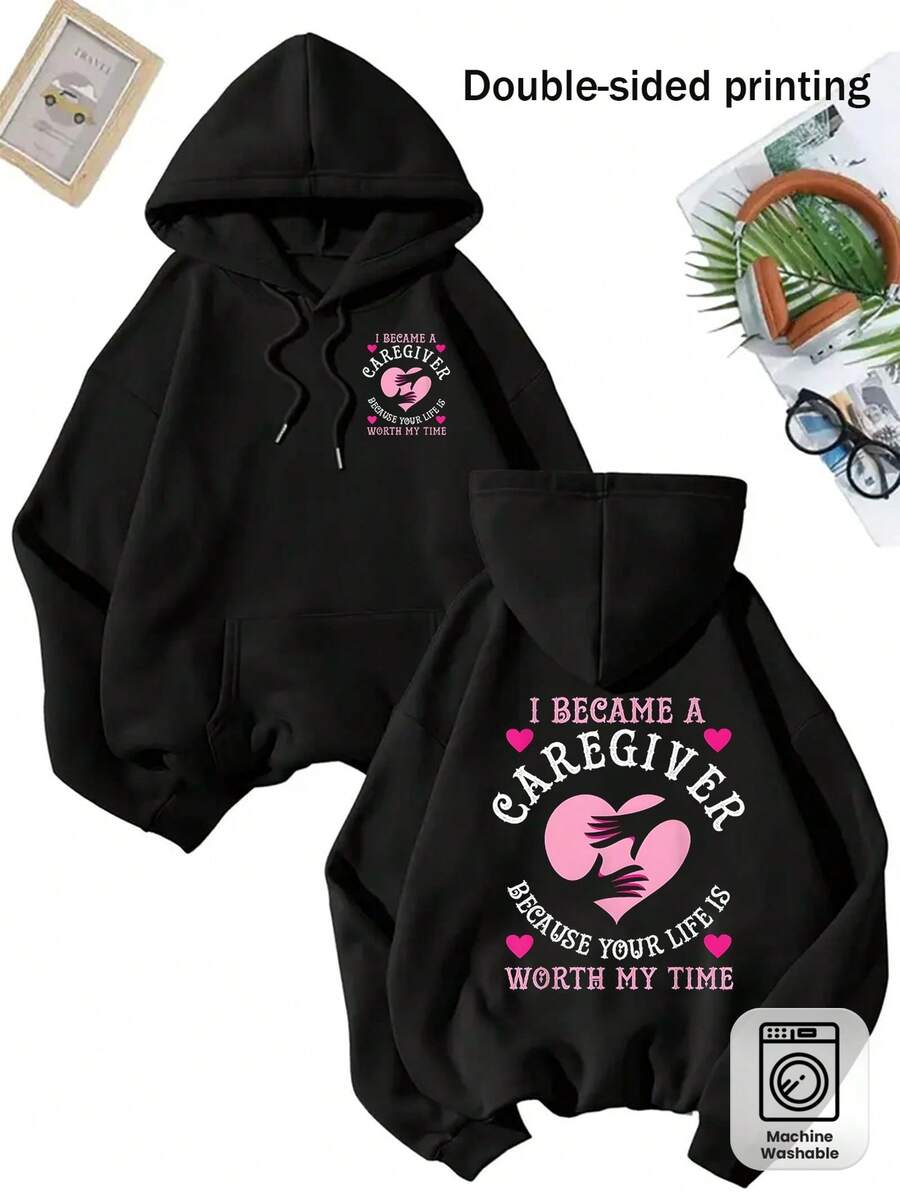 Women'sDrawstring HoodiePlus Size, Women's Hooded Sweatshirt- Caregiver Apparel Gift, Printed With "I Became A Caregiver Because Your Life Deserves My Time"- Black Pink Heart Pattern- Loose Fit Pullover- All-Season Sweatshirt- Caregiver And Worker OutfitDaily Wear, School, Street Style, Lounge Wear, Outdoor, Fall/Winter EssentialCotton Tee Casual Outings - Black - View 1