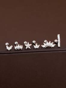 Bộ 6 khuyên tai đính đá Zirconia hình hoa bằng thép không gỉ mạ vàng 18K dành cho nữ, thích hợp cho xỏ khuyên tai sụn tai, vành tai. - Bộ 6 món - Xem 4