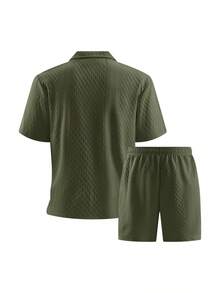 2pcs Men's Military Green Short Sleeve Polo Shirt And Drawstring Waist Shorts Set, Textured Fabric, Breathable And Smooth, Beach Vacation Style, Suitable For Summer - Army Green - View 8