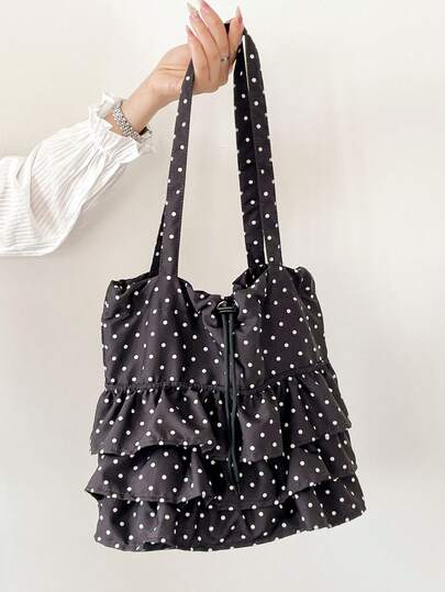 Drawstring Pleated Lace Tote Bag, Polka Dot Tote Bag, Sweet Style Ruffled Shoulder Bag For Summer 2026, Korean Lace Skirt Bag, Literature And Art Student Cream Colored Bag, Beach Vacation Japanese Bag