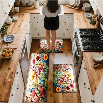 1/2/3pcs Floral Butterfly Pattern Flannel Soft Kitchen Floor Mat, Non-Slip Washable Hallway Rug, Non-Slip Long Runner Mat, Floor Mat, Door Mat, Living Room Laundry Room Bathroom Absorbent Mat Set, Area Rug, Decorative Mat, Door Mat, Patio Rug, Bathroom Rugs, Kitchen Mats For Floor, Outdoor Mat For Front Door