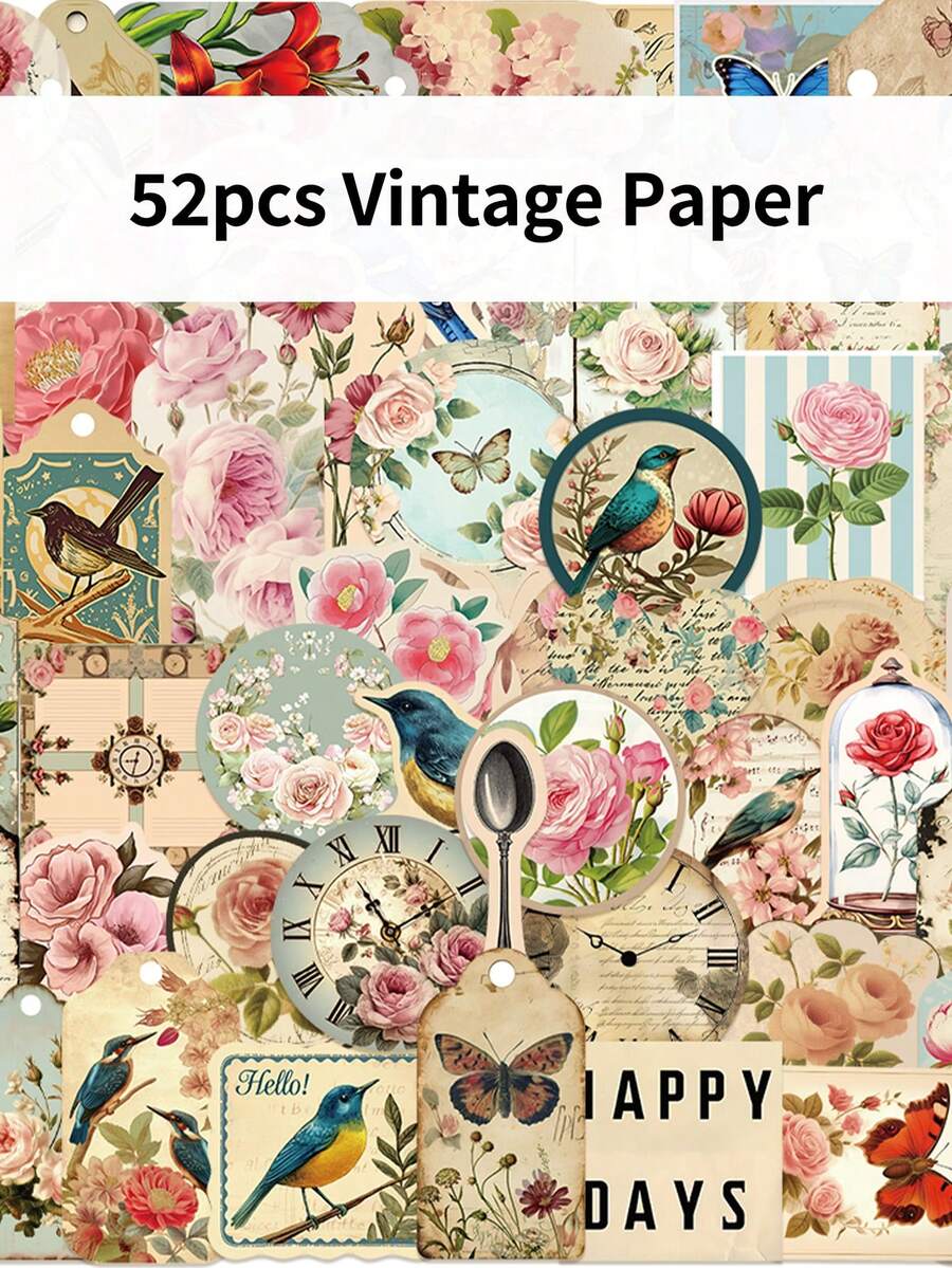 52pcs Vintage Distressed Paper Creative Cartoon Stickers DIY Guitar Luggage Refrigerator Water Cup Planner Supplies Decorative Laptop Personalization Stickers - Multicolor - View 1