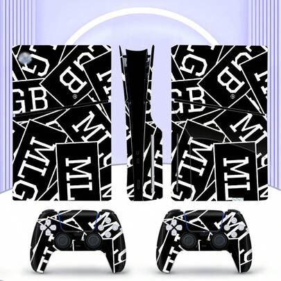 6pcs Black & White Letter Pattern P5 Slim Game Console Stickers, Dust-Proof & Wear-Resistant