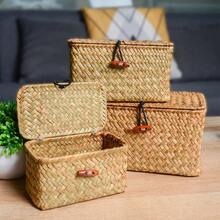 Cesta de estante de almacenamiento con tapa, organizador de maquillaje tejido de ratán de algas marinas hecho a mano, contenedor multiusos, caja Natural para - S-L 2 piezas - Ver 5