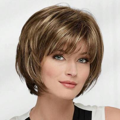 HAIRJOY-pelucas rectas cortas de pelo sintético para mujeres blancas, pelucas marrones mezcladas con flequillo, pelucas de pelo corto
