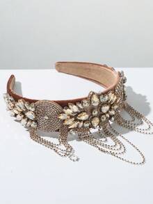 1pc Vintage Baroque Style Geometric Pattern Glass Rhinestone Tassel Wide Headband, Suitable For Women's Ball, Party Wear Travel Accessories - Brown - View 2