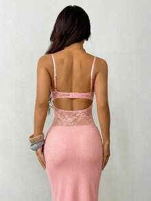 SHEIN PETITE Women's Suspender Lace See-Through Dress, Sexy Party Wear, Date And Festival Wear, Suitable For Autumn And Winter, Can Be Used As An Inner Layer White Sexy Dress Spaghetti Strap Dress White Lace Dress Bodycon White Dress Bustier Dress Elegant White Dress Sexy White Dress White Corset Dress White Club Dress - Hồng - Xem 3