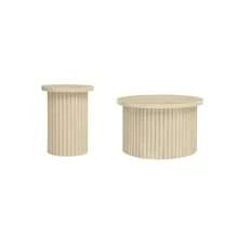 Set Of Two Round Coffee Tables With A Natural Wood Grain Look And Wavy Structure With An Integrated Side Table, Ideal For The Living Room, Bedroom, Study Or Office. - Beige - View 3