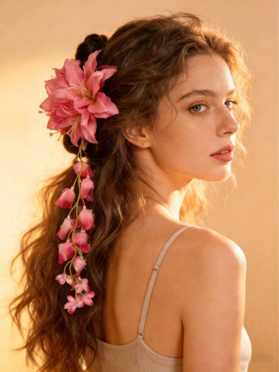 1个红色玫瑰花发爪夹,优雅时尚的女士发饰,适合假日和派对夏季装扮。 - 彩色 - 查看 1