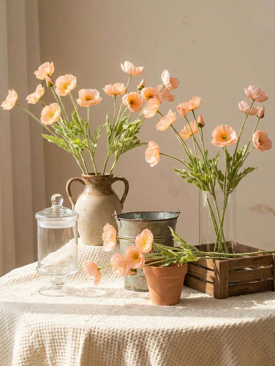 Artificial Poppy Flowers, 59cm Long, 4 Flowers, Bendable And Non-Fading - Can Be Used For DIY Flower Walls, Scene Layouts, Living Room Bedroom Vase Arrangements, Weddings, Party Decorations, Tabletop Ornaments. Autumn And Winter Deciduous, Room Decor, Home Decor, Kitchen Decor, Wedding Decor, Dining Table Decor, Centerpieces, Office Decor, Garden Decor, Outdoor Decor, Birthday Graduation Gifts, Garden Decor, Outdoor Plants, Gardening, Artificial Flowers - Coral Pink - View 1