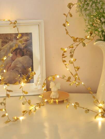 1pc 20LED 2M Gold Leaf & Butterfly LED Copper Wire Fairy String Lights, Decorative Lighting For Party, Event, Corridor, Railing