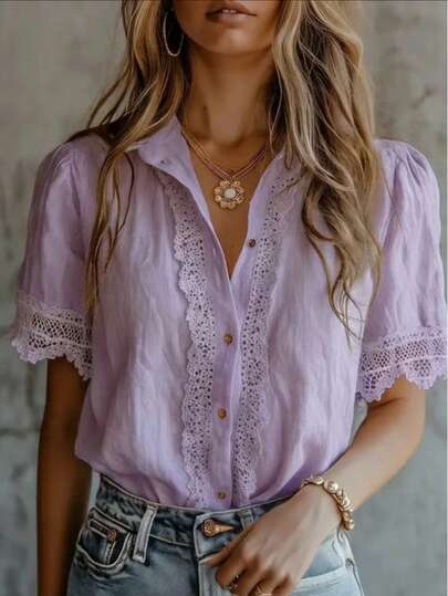 Elegant Women's Solid Color Embroidered Lace Patchwork Blouse, Versatile For Home, Daily Wear, All Seasons Summer