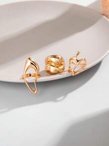 3件套简约不对称几何开口戒指套装，锌合金材质，适合女性日常叠戴，礼品 - 28293-G-EP - 查看 5