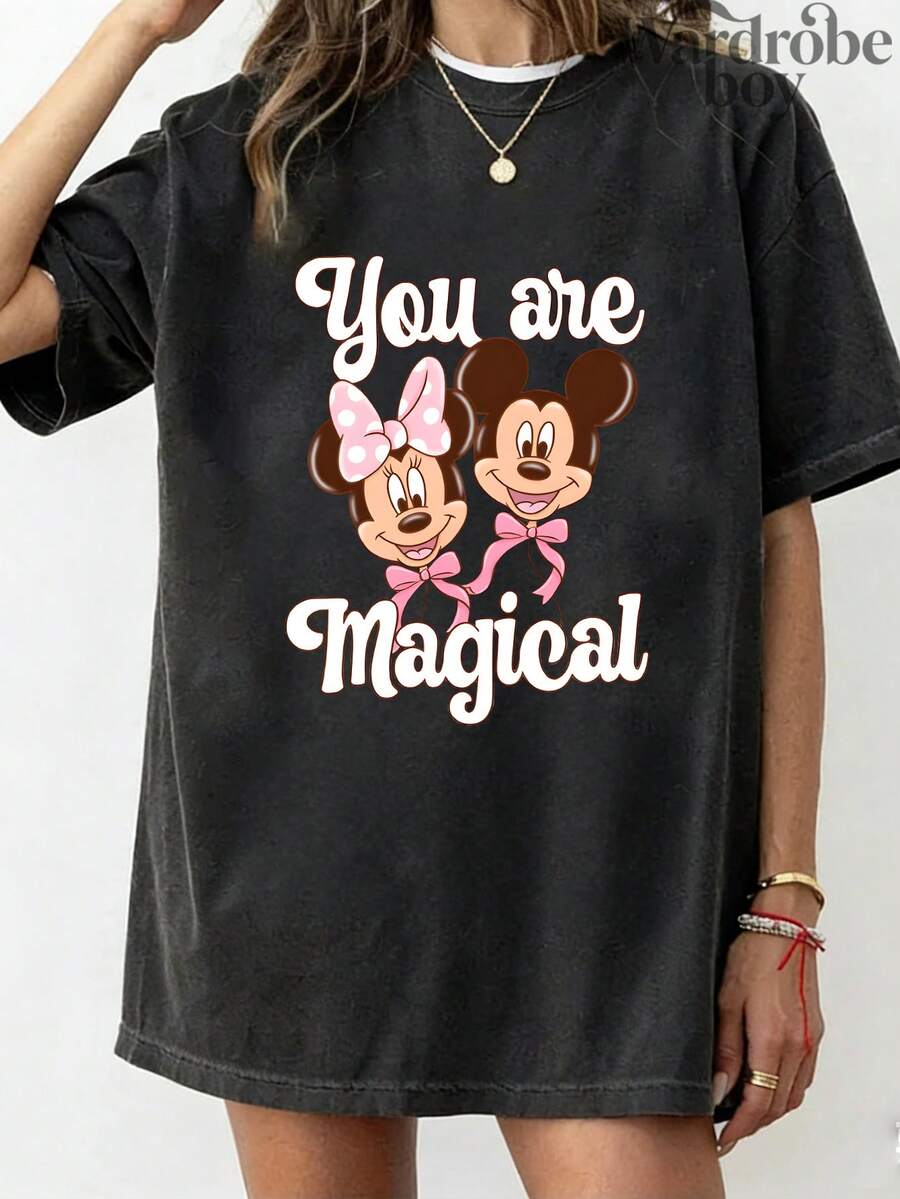 Disney Authorized Short Sleeved Printed T-Shirt, MIQI And MINI Printed T-Shirt,Graphic Tees, Cotton Graphic Tees,Funny Graphic Tees,Suitable For Family Travel And Vacation. Mother's Day T-Shirt, Suitable For Both Men And Women. Cotton T-Shirt, Comfortable And Breathable. - Black - View 1