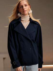 Chaqueta de mujer para otoño/invierno, con bolsillos con cordón prácticos, adecuada para el clima frío y los desplazamientos urbanos en primavera - Azul oscuro - Ver 7
