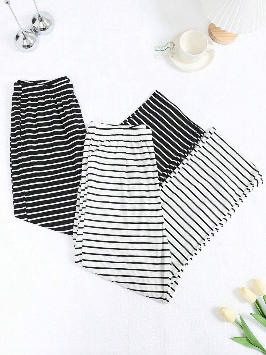 2 piezas Pantalones de pijama de descanso para hombre con rayas y pierna recta, ajuste holgado transpirable con cordón y cintura elástica con bolsillos - Multicolor - Ver 1