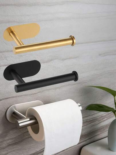 OBOVAY 1pc Stainless Steel Wall-Mounted Toilet Paper Holder, Bathroom Roll Paper Dispenser, No Drilling Required, Self-Adhesive Toilet Paper Rack, Absorbent Tissue Holder, Toilet Paper Towel Rack, No Drilling Toilet Paper Holder, Self-Adhesive Roll Paper Rack, Absorbent Tissue Holder, Black, Silver, Gold, Bathroom Accessories, No Drilling Required, Wall-Mounted, Bathroom Storage Rack, Bathroom Hardware Accessories, Bathroom Decor