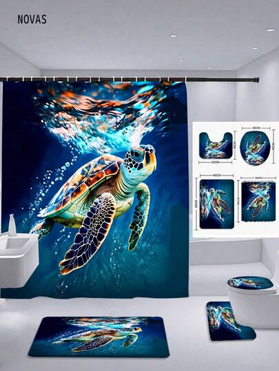 1/3/4件套海龟图案黑色浴帘套装，适用于浴室，海洋动物图案，可水洗涤纶面料，防水耐磨，带12个挂钩 - 包括马桶盖套、浴垫和地毯，非常适合家居/卧室/客厅/家用物品/夏季
