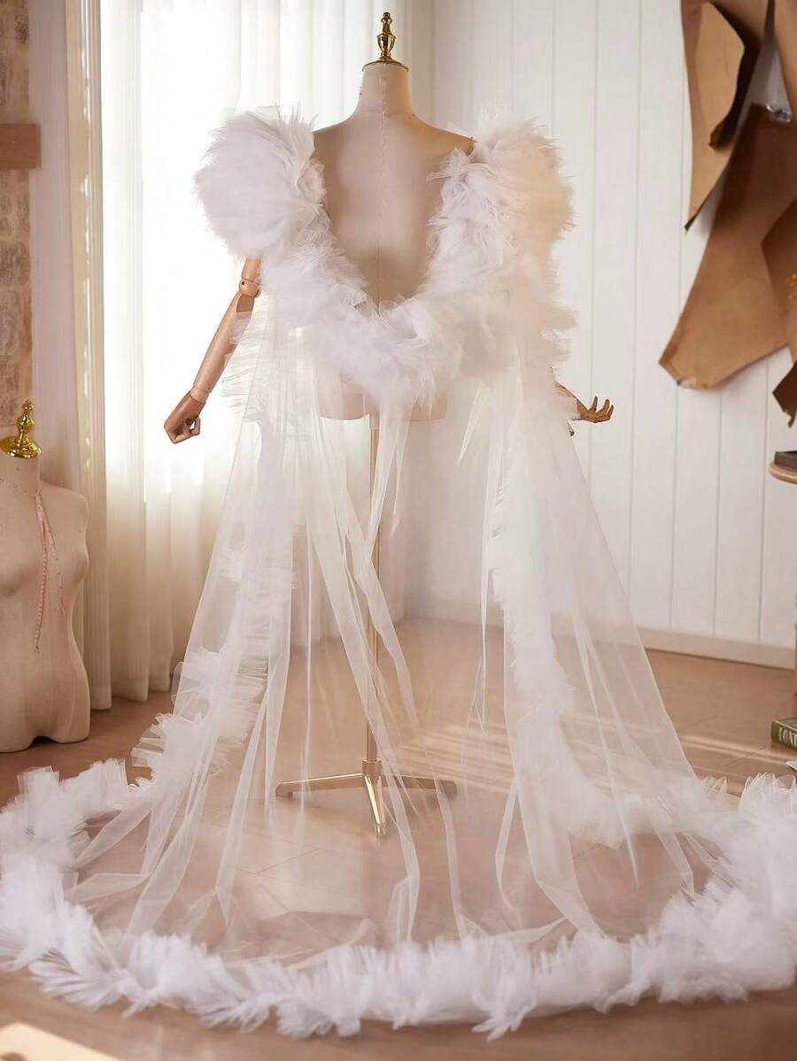 欧美风格新娘头纱披肩，适合女主人、晚礼服，带拖尾 - 白色 - 查看 1