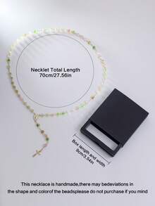 1PC Gradient Pink Green Beaded Rosary Chain - Boho Crystal Mary Christian Cross Necklace For Prayer Combine Well With Any Outfit Beach With Gift Box Set - Rosary - View 6