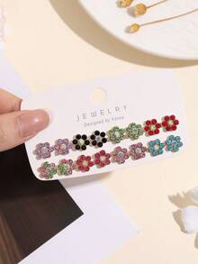 16pcs Luxury Colorful Zirconia Flower & Butterfly Stud Earrings Set, Minimalist Rhinestone Earrings For Women - Colorful - View 3