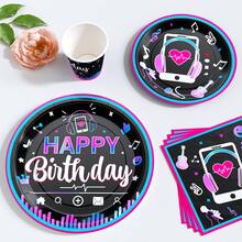 Conjunto descartável de Pratos, Guardanapos e Copos com tema de Música para Feliz Aniversário, Pratos, Guardanapos e Copos, Suprimentos para Festa, Adequado para 10 Convidados, Pratos de Papel Descartáveis, Utensílios de Mesa para Festa Adequados para Aniversário, Casamento, Festa, Piquenique Familiar - Visão 4