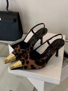 Giày sandal mũi vuông ánh kim họa tiết da báo, giày cao gót đế mỏng dễ xỏ cho nữ, giày bít mũi thanh lịch đa năng. - màu nâu - Xem 4