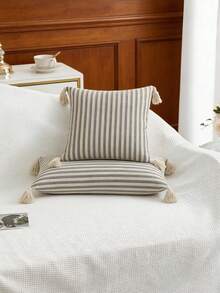 1pc/2pcs Black & White Striped Pillow Cover, Bohemian Jacquard Canvas Fabric With Tassels, Nordic Ins Daily Bedroom Living Room Sofa Decor, Outdoor Garden Patio Lounge Chair Cushion Cover, Seasonal Holiday Party Home Decor, 30*50cm 45*45cm (Without Insert) - Black and White Stripes - View 7