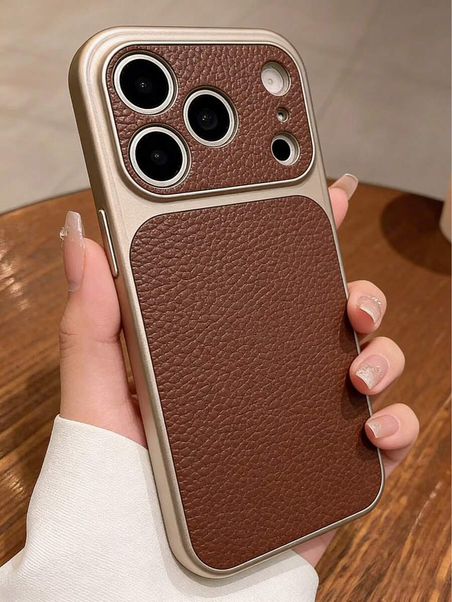 Coffee Fashion Lychee Pattern Large Window Phone Case Compatible With IPhone 17 Pro Max, 17 Pro, 16 Pro Max, 15, 14 Pro, 13, 12 Pro, 17, With Camera Protection, Matte Soft Anti-Fall Protective Cover - Dark Brown - View 1
