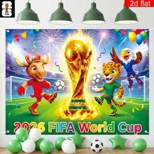 Tapisserie murale décorative WM 2D plate, bannière plate 2D, 1 pièce, bannière de fond de fête USA-Canada-Mexique 2026, bannière de garage de football, grande impression de trophée et de mascotte pour décoration extérieure, convient pour les fêtes de supporters et les décorations de fête de football ainsi que pour la décoration de la maison, 2D plate. - z1 - Voir 5