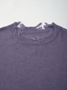 ANDREILEE Men's Spring/Summer Fashion New Neutral Korean Style Minimalist Solid Color Distressed Fringe Lightweight Semi-Sheer Loose Fit Pullover Short Sleeve Knit Apricot Sweater T-Shirt - Purple - View 4