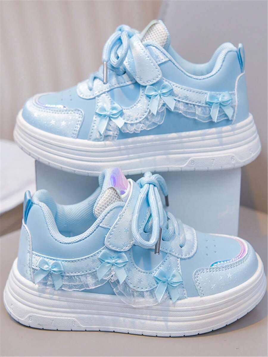 1 Pair Girls' Spring/Autumn New Flat Shoes With Bow Decor, Cute PU Hook And Loop Design, Girls' Outdoor Non-Slip Durable Flat Sports Shoes, Suitable For All Seasons, School Style - Blue - View 1