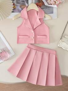 BASUSARRI 2pcs Collar Button Cardigan Top & Pleated Skirt Commuter Lady Style Elegant Sweet Outfit, Party, Date - Pink - View 1