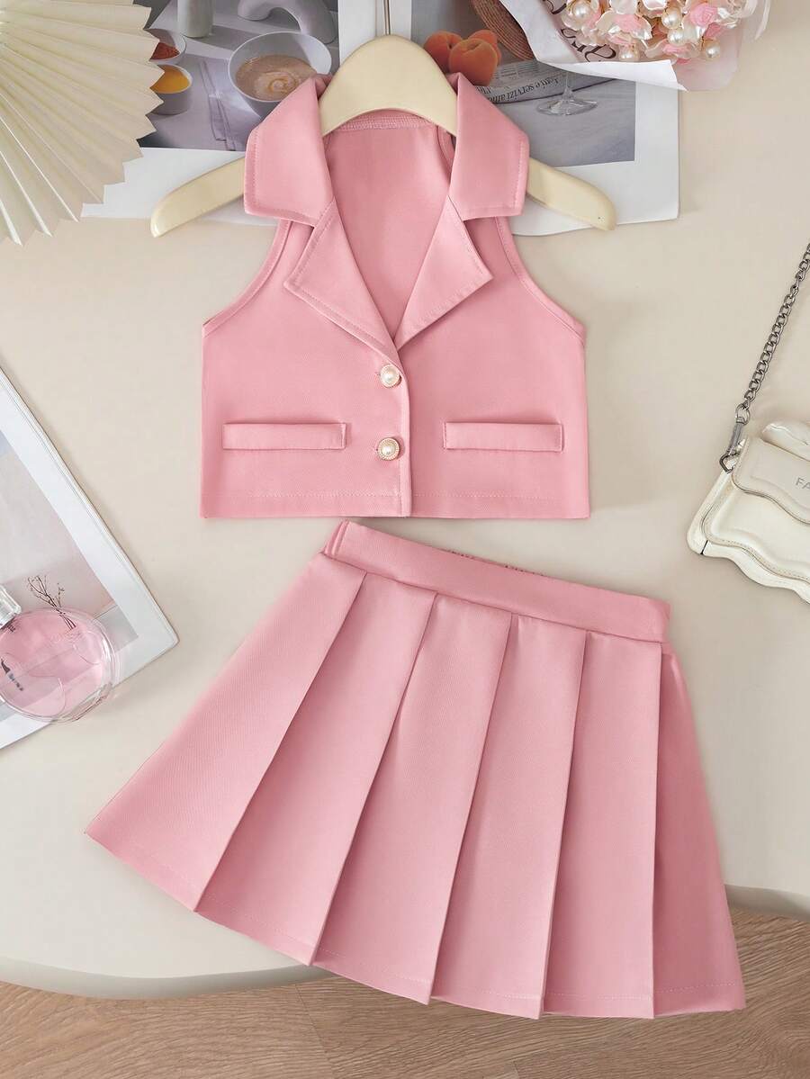 BASUSARRI 2pcs Collar Button Cardigan Top & Pleated Skirt Commuter Lady Style Elegant Sweet Outfit, Party, Date - Pink - View 1