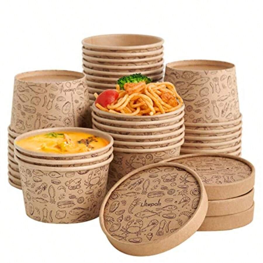 Tazas de helado de papel con tapas paquete de 50 tazas de sopa de 8 onzas con tapas recipiente desechable para helado casero Tazas de sopa desechables blancas con tapas tienen multiusos. - Marrn - Ver 1