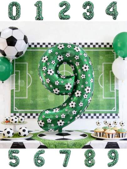 1pc 40-Inch Green Number 0-9 Football Print Aluminum Foil Balloon, With Football Pattern Design, Suitable For Birthday Decoration, Room Decoration, Home Decor, Football Sports Competition Party Decoration, Graduation Party Photo Props.