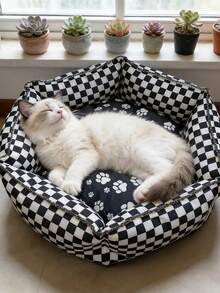 1pc Retro Checkerboard Pattern Pet Bed, With Paw Print Dog Bed, Comfortable Cat Sofa, Suitable For All Seasons - Multicolor - View 2
