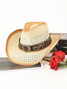 1 件棕色镂空草编太阳帽，男女通用牛仔帽，适合户外休闲、海滩、度假 - 西部牛仔草編禮帽 - 查看 24