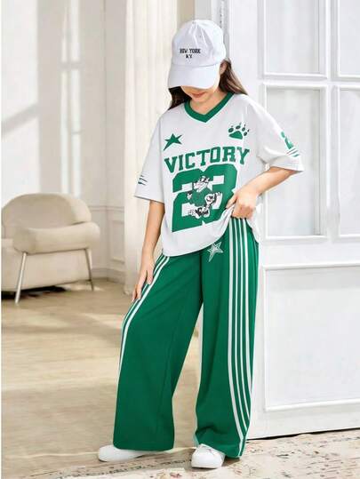 2pcs Summer Outfit, Size 23 Printed Short Sleeve Top And Pants Set, Lightweight Breathable Comfortable, Suitable For Daily Wear, School, Casual, Sports, Girls Set