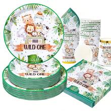 一周岁生日动物图案一次性餐具套装，7/9英寸派对餐盘，一次性纸盘、纸杯、餐巾纸，适用于节日、婚礼、订婚、生日、派对、庆祝活动 - 多色 - 查看 3