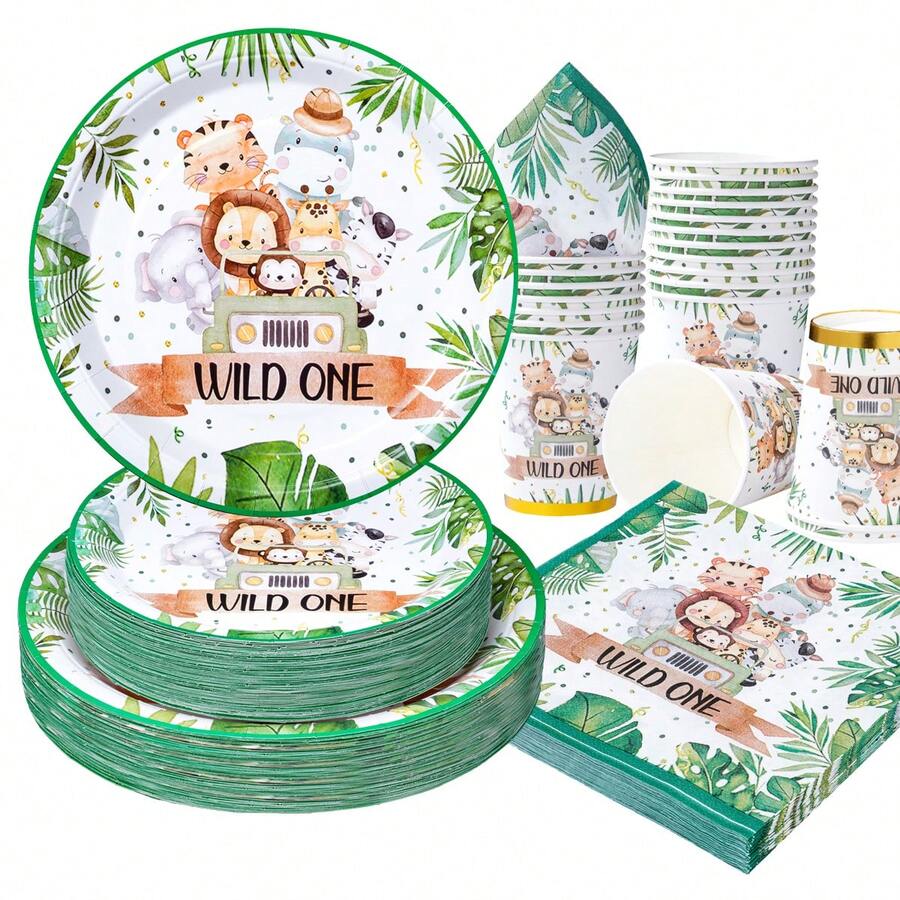 1st Birthday Animal Pattern Disposable Tableware Set, 7/9 Inch Party Plates, Disposable Paper Plates, Cups, Napkins, Suitable For Holidays, Weddings, Engagements, Birthdays, Parties, Celebrations - Multicolor - View 1