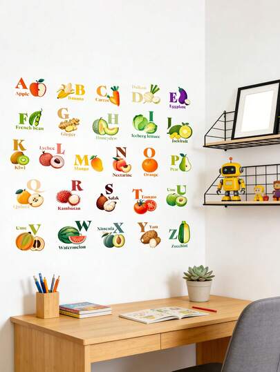 Hình dán tường chữ cái hình trái cây cho bé, thích hợp trang trí phòng trẻ em, lớp học, phòng ngủ.