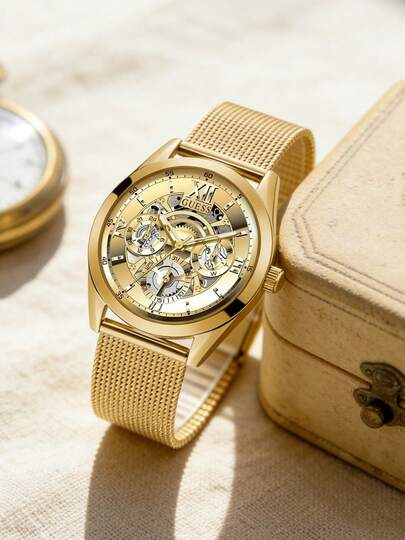 Guess Đồng hồ nam Tailor Series mạ vàng đa chức năng, đồng hồ đeo tay nam cao cấp cổ điển, đồng hồ thạch anh đa chức năng mạ vàng dành cho doanh nhân và các sự kiện trang trọng, dây đeo lưới kim loại, phụ kiện đeo tay đa năng, thích hợp cho đi làm hàng ngày, hẹn hò, dự tiệc, quà tặng cao cấp, phụ kiện thời trang sang trọng, kèm hộp đựng đồng hồ chính hãng GW0368G2