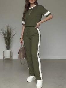 2件套女士休闲撞色套装，圆领短袖上衣搭配高腰抽绳直筒裤，春夏款 - 軍綠色 - 查看 2