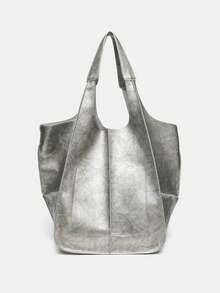 新款时尚大容量手提包，女士小众单肩便携复古大包，简约休闲通勤旅行购物袋，休闲旅行行李腋下包，多功能多色银色，新款女士手提包，优雅女士钱包 - 銀色 - 查看 5