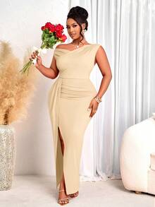 BIUBIU 大码女士优雅性感修身长裙 - 米色不对称领口褶皱高开衩设计，适合婚礼宾客、派对、宴会等夏季场合 - 杏色 - 查看 4