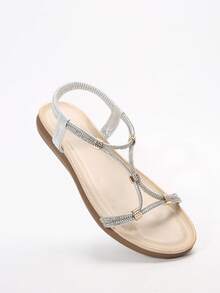 Sandal đế dày đính đá lấp lánh, kiểu dáng miệng cá, dành cho nữ, thanh lịch, thời trang đi biển, phong cách bohemian, gợi cảm, quyến rũ, đính pha lê, thích hợp cho mùa hè. - Bạc - Xem 2