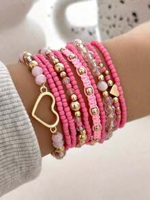 10pcs/Set Heart-Shaped Pearl Beaded Elastic Bracelet Set, Unique Design For Women, Pink - Pink - View 6