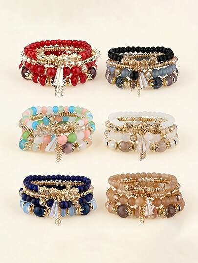 Bộ 4 vòng tay đính hạt thời trang thanh lịch, bao gồm mặt dây chuyền pha lê giả và trang trí mạ vàng, thích hợp cho phụ nữ đeo hàng ngày, dự tiệc, làm quà tặng sinh nhật.